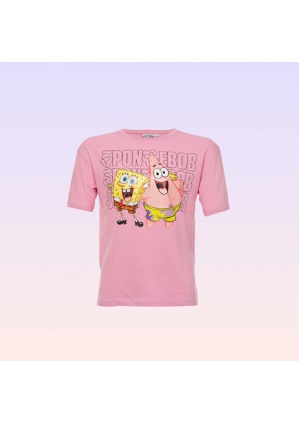 Sünger Bob Kare Pantolon ve Patrick Yıldız Ön Arka Baskılı Bisiklet Yaka Pembe Kadın Tişört