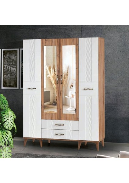Bera Ceviz - Beyaz 4 Kapılı Tuğçe Dolap