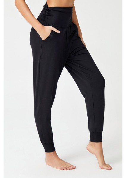 Siyah Beli Lastikli Şalvar Görünümlü Harem Pantolon Yoga Joggers