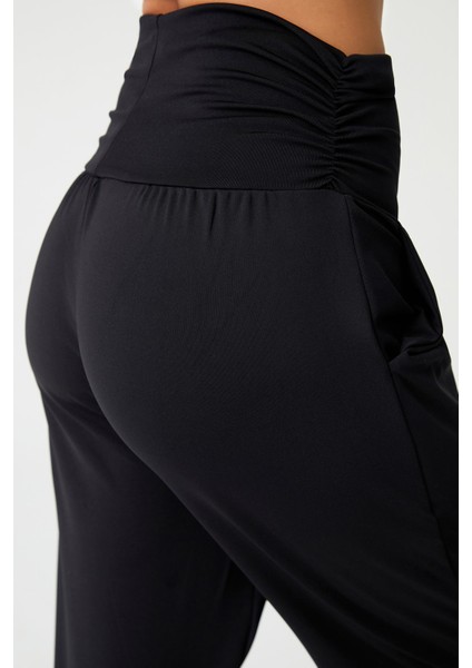 Siyah Beli Lastikli Şalvar Görünümlü Harem Pantolon Yoga Joggers modelleri