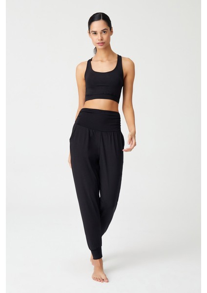 Siyah Beli Lastikli Şalvar Görünümlü Harem Pantolon Yoga Joggers fırsatları
