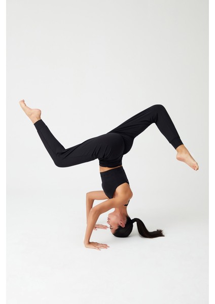 Siyah Beli Lastikli Şalvar Görünümlü Harem Pantolon Yoga Joggers indirimleri