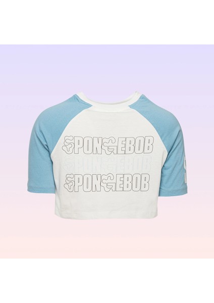 Sünger Bob Kare Pantolon Baskılı Bisiklet Yaka Mavi Beyaz Kadın Crop Tişört fiyatları