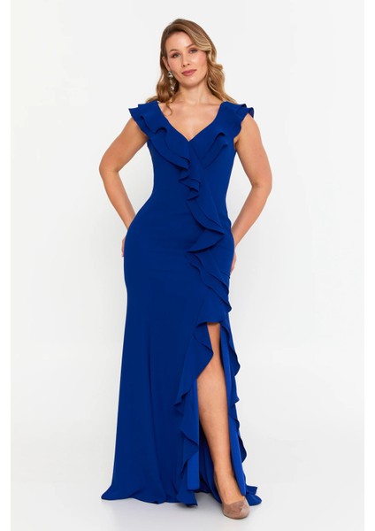 Kadın Büyük Beden Fırfır Detaylı Balık Form Abiye Elbise 8329 Saks