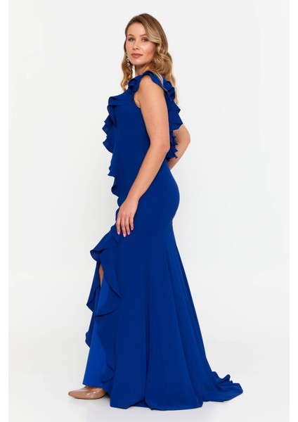 Kadın Büyük Beden Fırfır Detaylı Balık Form Abiye Elbise 8329 Saks fiyatları