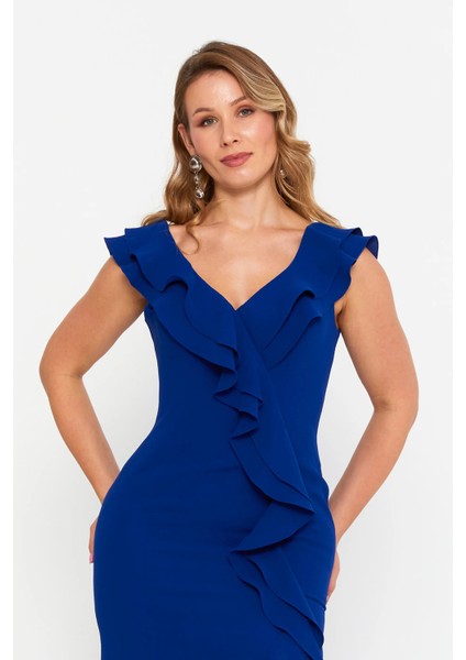 Kadın Büyük Beden Fırfır Detaylı Balık Form Abiye Elbise 8329 Saks modelleri