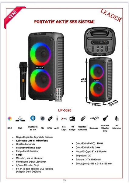 LP-5020 Portatif Aktif Ses Sistemi fiyatları