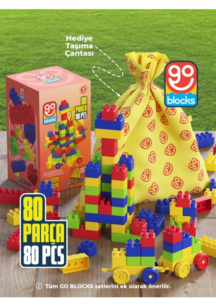 Go Blocks 80 Parça Renkli Yapı Blok Seti Çok Bölmeli Taşıma ve Saklama Çantalı
