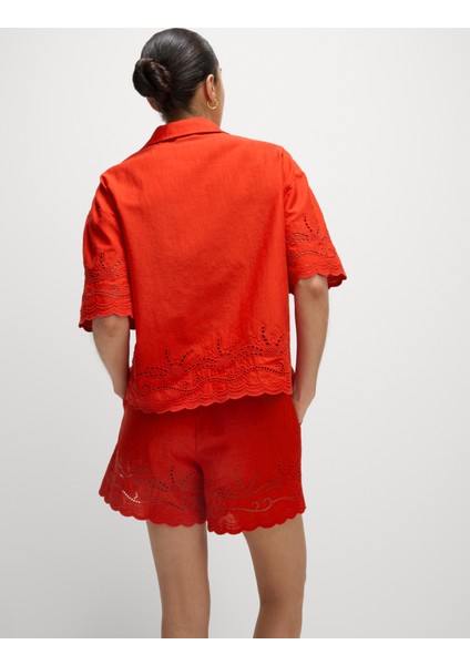 Saf Pamuklu Broderie Yaka Düğmeli Plaj Gömleği