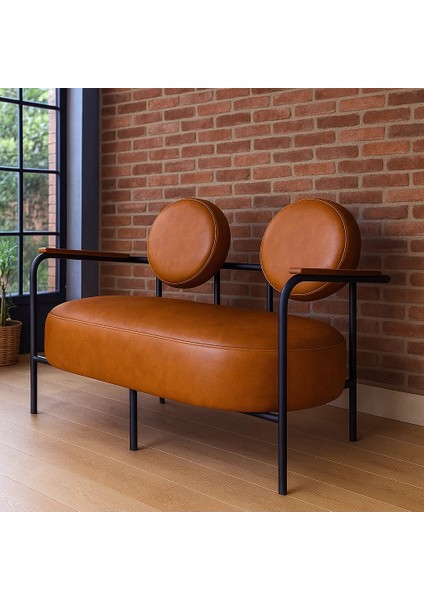 - Venüs Ikili Koltuk Kanepe - Deri Kumaş - Metal Iskelet - Taba