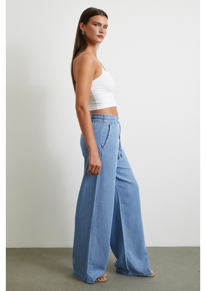 Beli Lastikli Bağcıklı Geniş Paça Pantolon Mavi