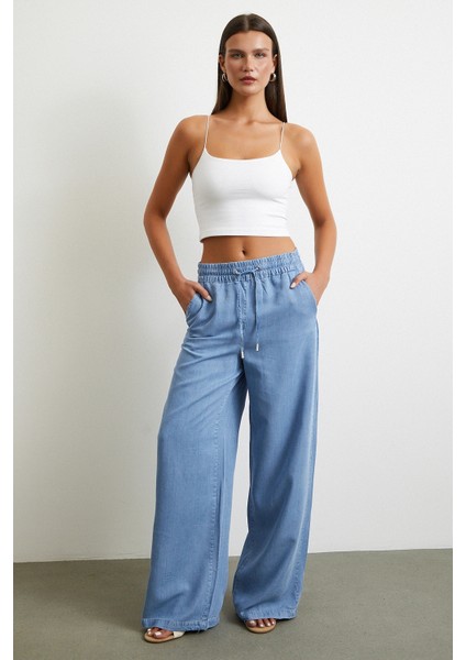 Beli Lastikli Bağcıklı Geniş Paça Pantolon Mavi modelleri