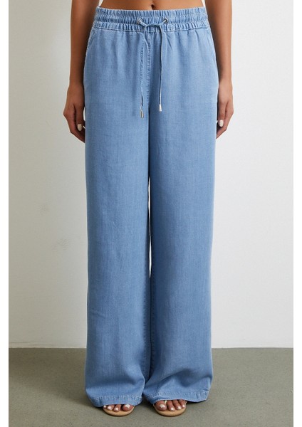 Beli Lastikli Bağcıklı Geniş Paça Pantolon Mavi fırsatları