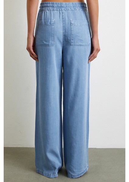 Beli Lastikli Bağcıklı Geniş Paça Pantolon Mavi