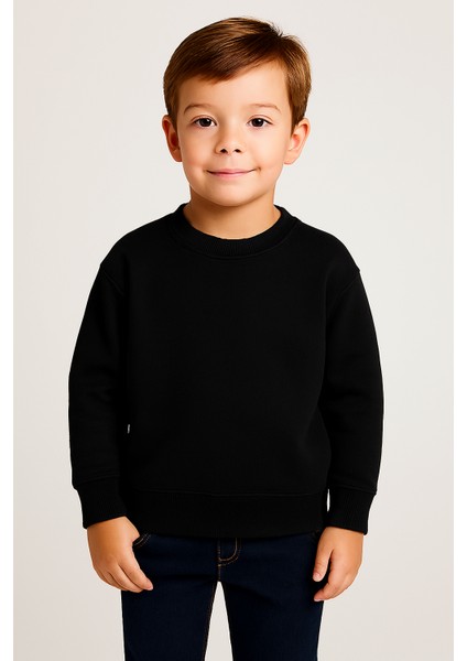 Siyah Üç Iplik Şardonlu Bisiklet Yaka Oversize Erkek Çocuk Sweatshirt