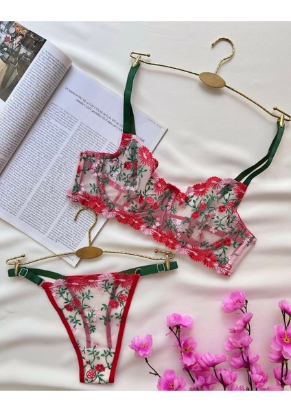 Kadın Yeşil - Kırmızı Dantelli Nakışlı Iç Çamaşır Takımı