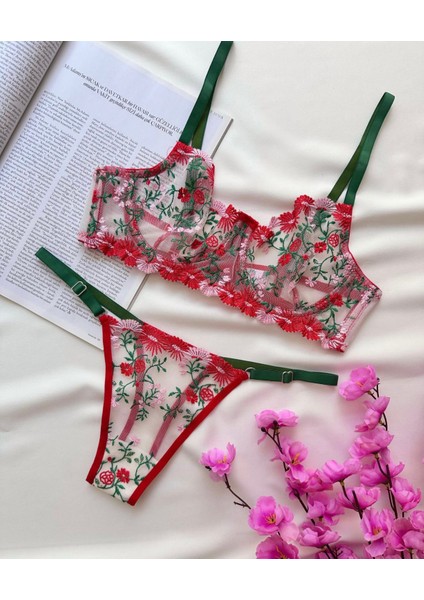 Kadın Yeşil - Kırmızı Dantelli Nakışlı Iç Çamaşır Takımı fiyatları