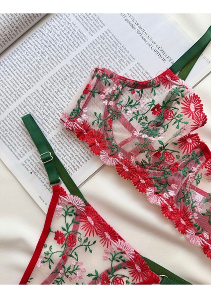 Kadın Yeşil - Kırmızı Dantelli Nakışlı Iç Çamaşır Takımı modelleri