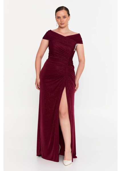 Kadın Büyük Beden Simli Derin Yırtmaçlı Maxi Abiye Elbise 8210 Bordo