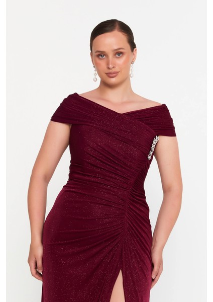Kadın Büyük Beden Simli Derin Yırtmaçlı Maxi Abiye Elbise 8210 Bordo modelleri