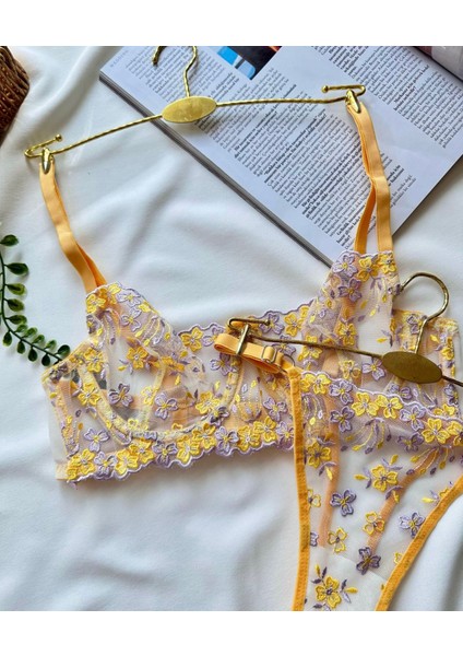 Kadın Sarı Dantelli Nakışlı Iç Çamaşır Takımı modelleri