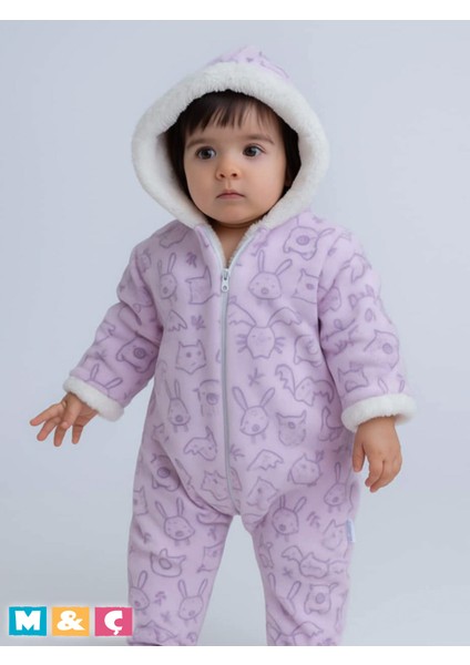 Bebek Kalın Kışlık Fermuarlı Kapüşonlu Peluş Mor Tulum Thick Fleece Jumpsuit
