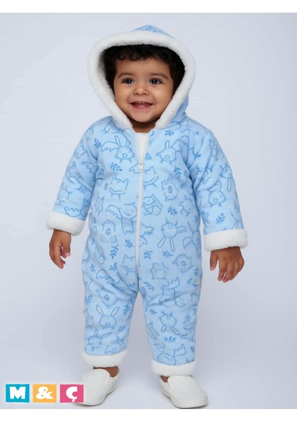 Bebek Kalın Kışlık Fermuarlı Kapüşonlu Peluş Mor Tulum Thick Fleece Jumpsuit