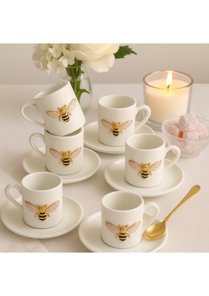 6 Kişilik Beyaz Porselen Arı Kahve Fincan Takımı Sunum Fincanı 100ML