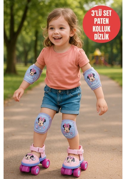 Minnie Çocuk Paten Seti 4 Tekerli Ayarlanabilir 22-29 Numara Dizlik ve Dirseklikli 3-6 Yaş Pembe