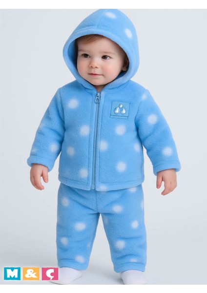 Beyaz Puantiyeli Yumuşacık Welsoft Peluş Fermuarlı Kapşonlu Ceket ve Pantolon Kız Erkek Bebektakım