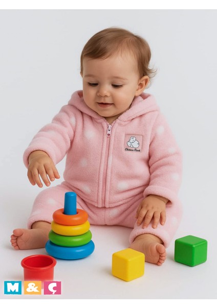 Beyaz Puantiyeli Yumuşacık Welsoft Peluş Fermuarlı Kapşonlu Ceket ve Pantolon Kız Erkek Bebektakım