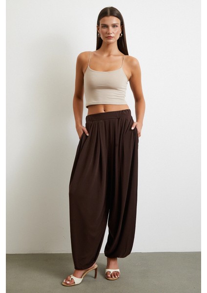 Paça Detaylı Şalvar Pantolon Kahve