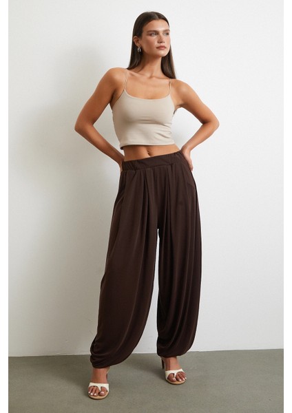 Paça Detaylı Şalvar Pantolon Kahve modelleri
