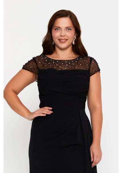 Kadın Büyük Beden Taş Süslemeli Derin Yırtmaçlı Maxi Abiye Elbise 7048 Siyah modelleri