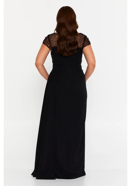 Kadın Büyük Beden Taş Süslemeli Derin Yırtmaçlı Maxi Abiye Elbise 7048 Siyah fırsatları