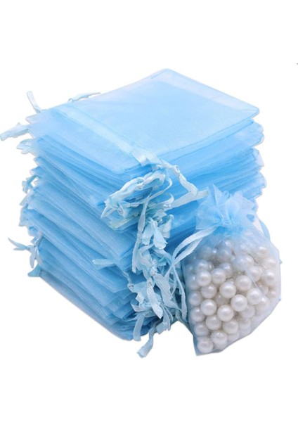 100 Adet Büzgülü Tüllü Kına Kesesi Düğün Organizer Kese Lavanta, Nikah Şekeri Kesesi 9X12 Mavi