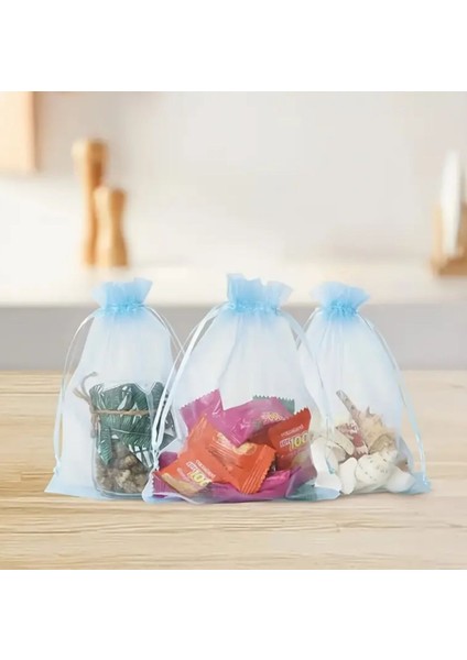 100 Adet Büzgülü Tüllü Kına Kesesi Düğün Organizer Kese Lavanta, Nikah Şekeri Kesesi 9X12 Mavi modelleri