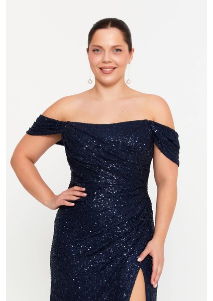 Kadın Büyük Beden Pul Payet Düşük Omuz Maxi Abiye Elbise 8393 Lacivert modelleri