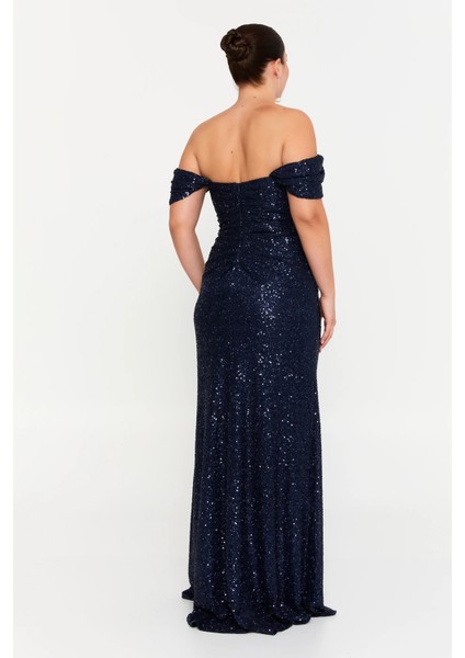 Kadın Büyük Beden Pul Payet Düşük Omuz Maxi Abiye Elbise 8393 Lacivert fırsatları