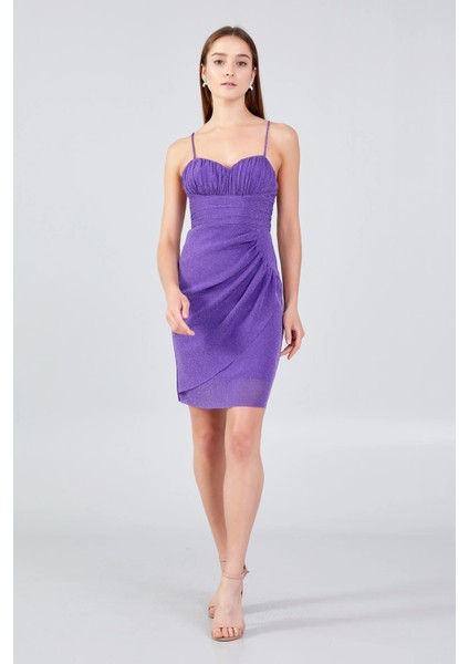 Kadın Ip Askılı Tül Mini Abiye Elbise 5077 Mor