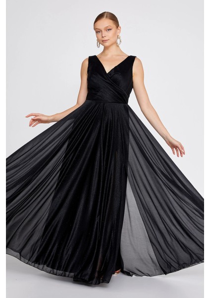 Kadın Büyük Beden Sim Detaylı Kolsuz Maxi Abiye Elbise 6111 Siyah