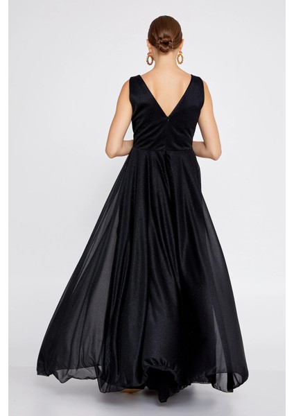 Kadın Büyük Beden Sim Detaylı Kolsuz Maxi Abiye Elbise 6111 Siyah fırsatları