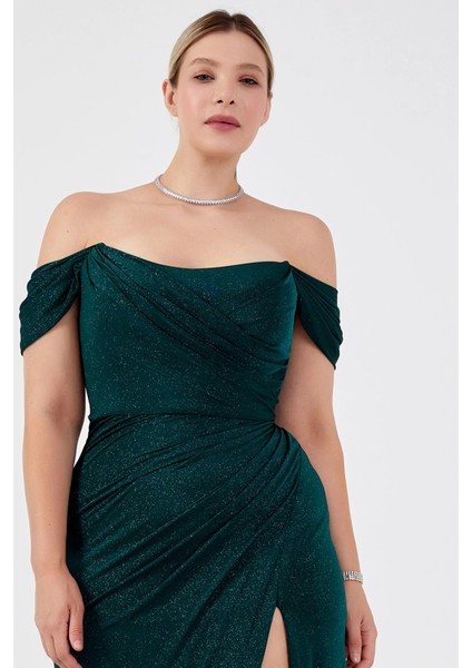 Kadın Büyük Beden Düşük Omuz Derin Yırtmaçlı Balık Form Abiye Elbise 8212 Nefti modelleri