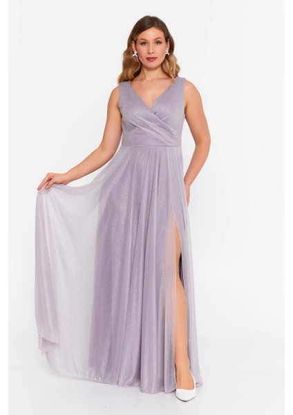 Kadın Büyük Beden Sim Detaylı Kolsuz Maxi Abiye Elbise 6111 Vizon