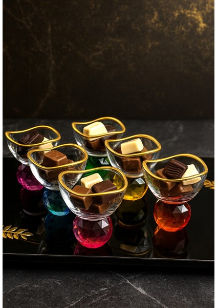 6 Kişilik Cam Elmas Ayaklı Renkli Yaldızlı Kahve Yanı Lokumluk Sosluk Kase