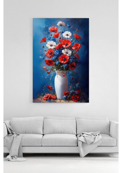 Yağlı Boya Stilinde Çiçek Tablosu Mavi Arka Planlı Dekoratif Tablo %100 Pamuk Kanvas