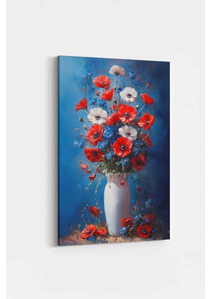 Yağlı Boya Stilinde Çiçek Tablosu Mavi Arka Planlı Dekoratif Tablo %100 Pamuk Kanvas fiyatları