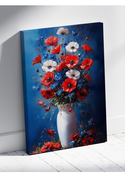 Yağlı Boya Stilinde Çiçek Tablosu Mavi Arka Planlı Dekoratif Tablo %100 Pamuk Kanvas modelleri