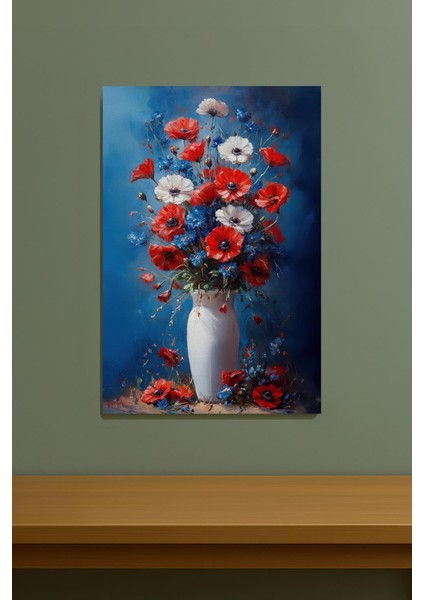 Yağlı Boya Stilinde Çiçek Tablosu Mavi Arka Planlı Dekoratif Tablo %100 Pamuk Kanvas fırsatları