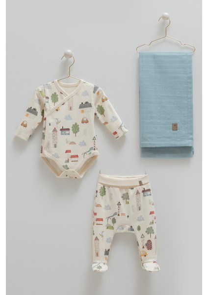 Yenidoğan 3’lü Hediye Seti 0-3 Ay %100 Pamuk Bebek Zıbın Takımı ve Müslin Battaniye(75-85)